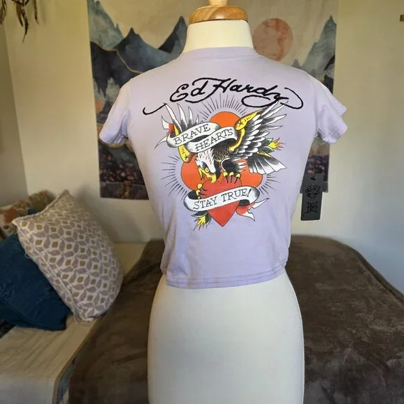 Ed Hardy Brave Hearts Eagle Tattoo Crop Top Y2K Purple Women’s M - Picture 2 of 13